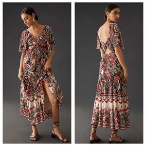 By Anthropologie Flutter Sleeve Tiered Maxi Dress Floral Boho Chic - XS